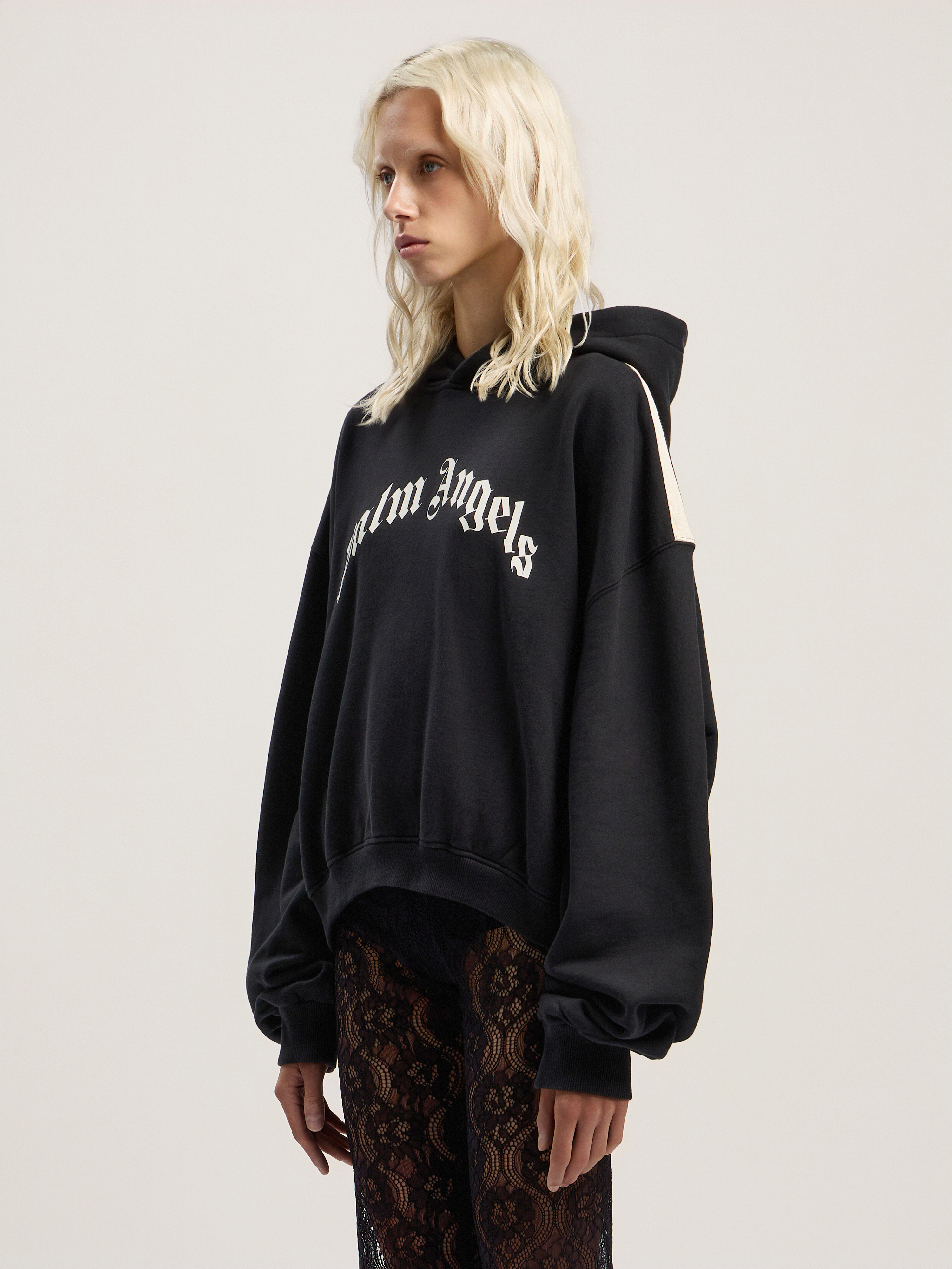 Palm Angels Curved Logo Track Crop Hoody In Black