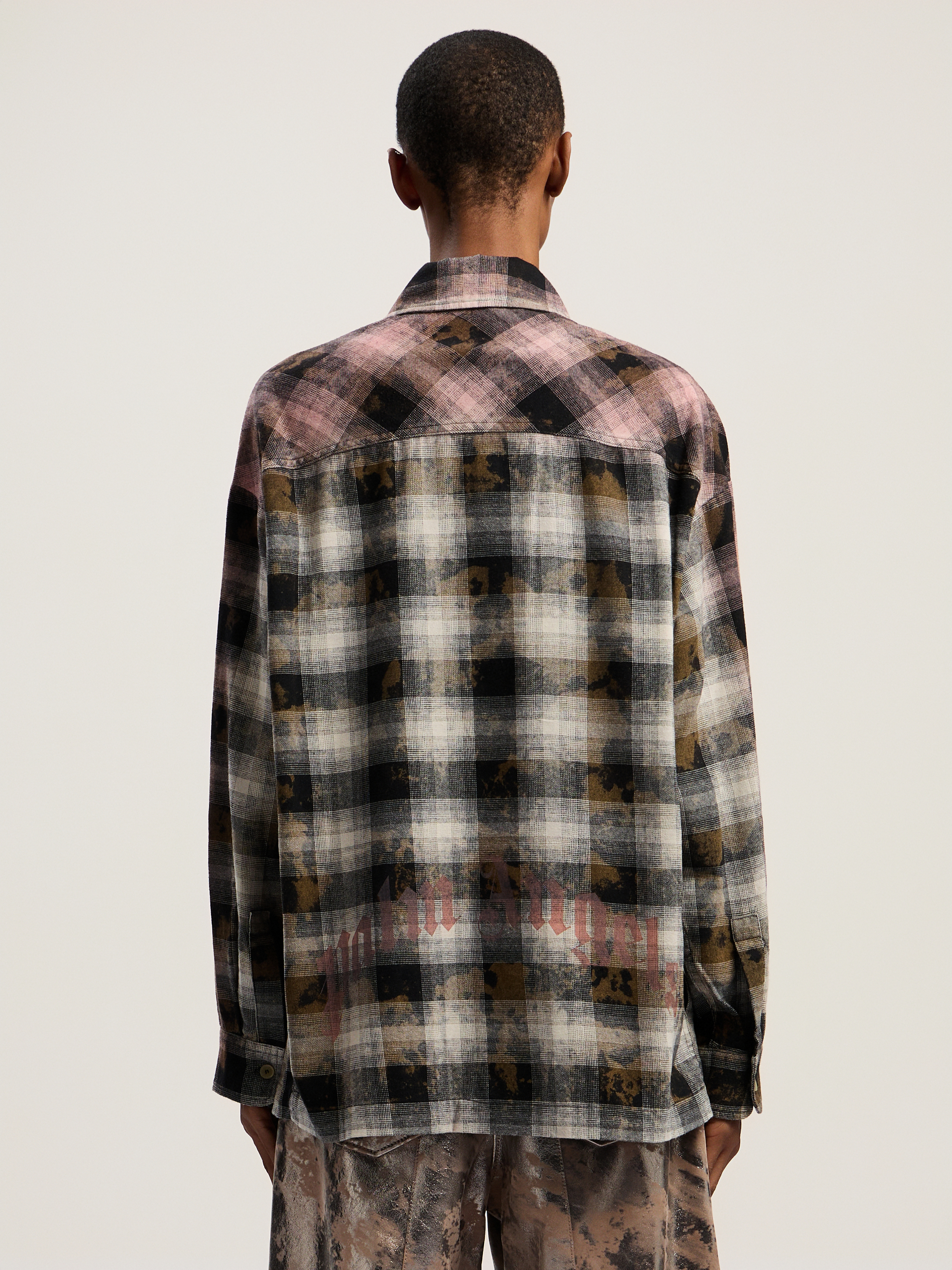 Palm Angels Curved Logo Coated Checkshirt In Brown