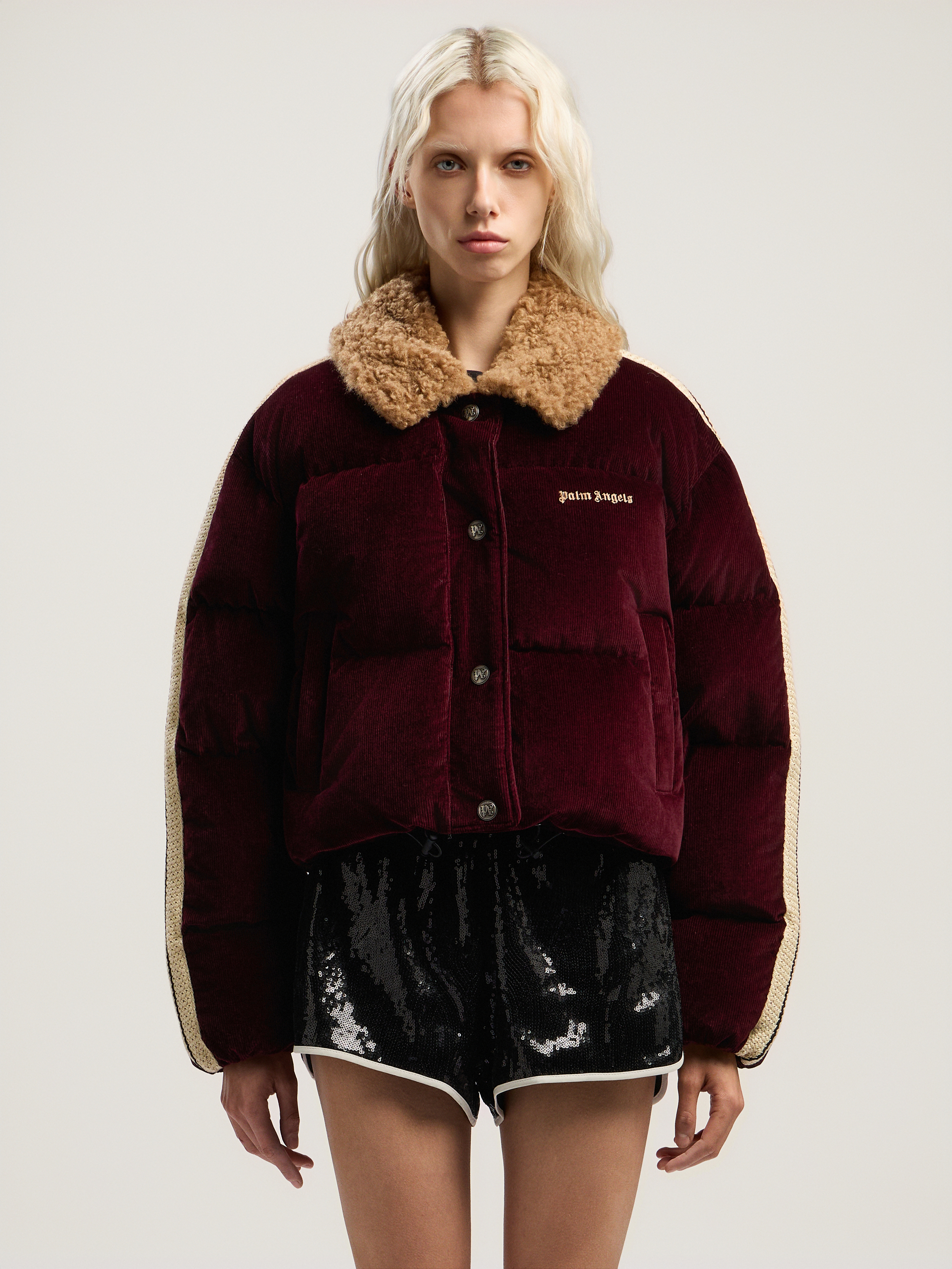  Palm Angels Classic Logo Cord Down Jacket Woman  Burgundy - Brown 