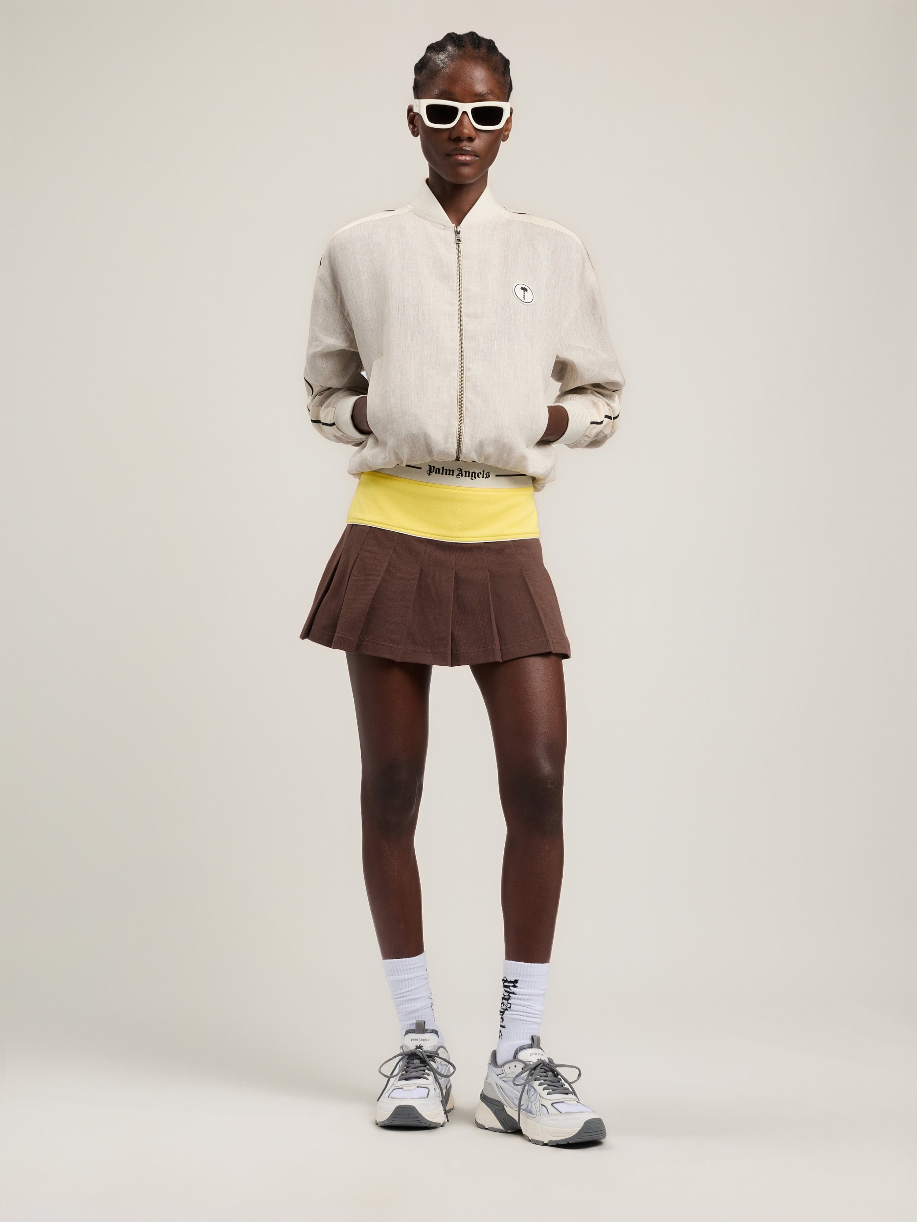 Palm Angels Logo Skirt Contrast Waistband Pleated Design In Brown