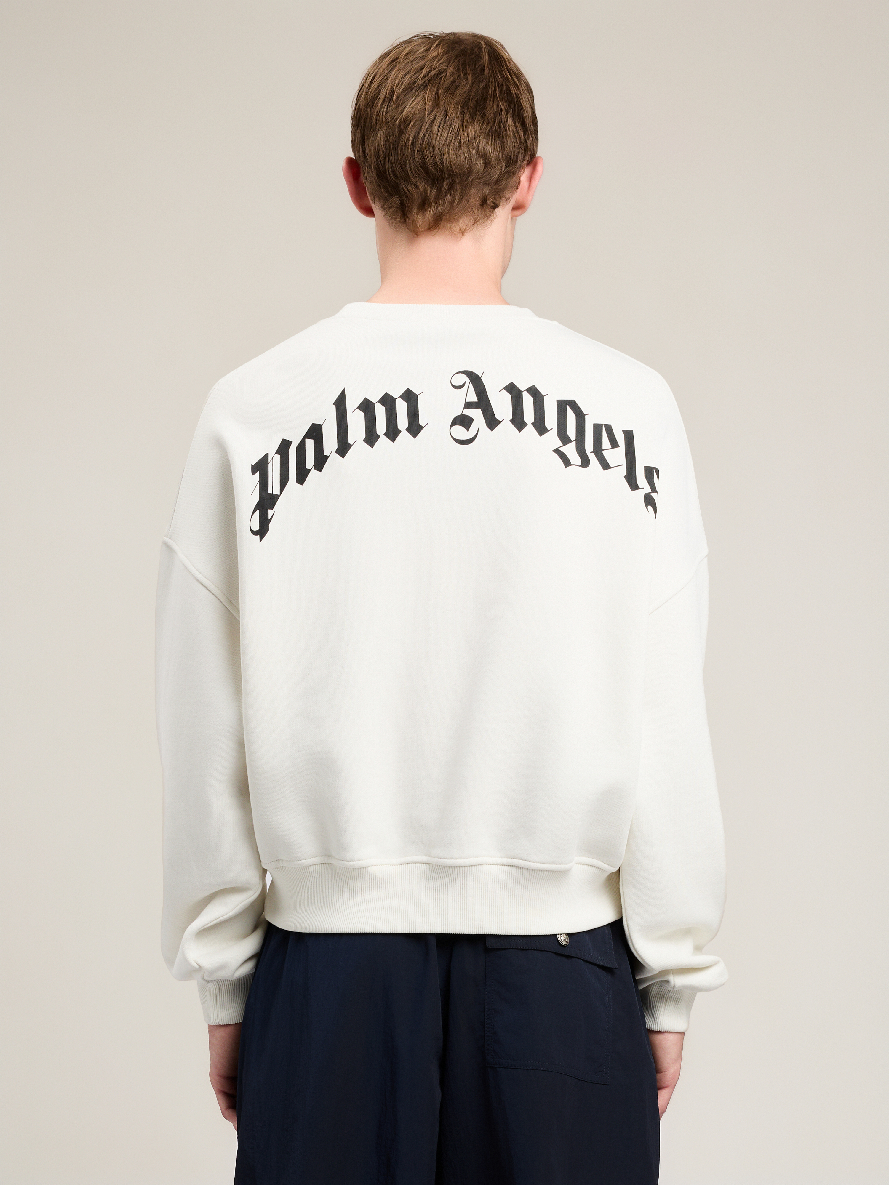 Palm Angels Back Curved Logo Loose Crew In Neutral