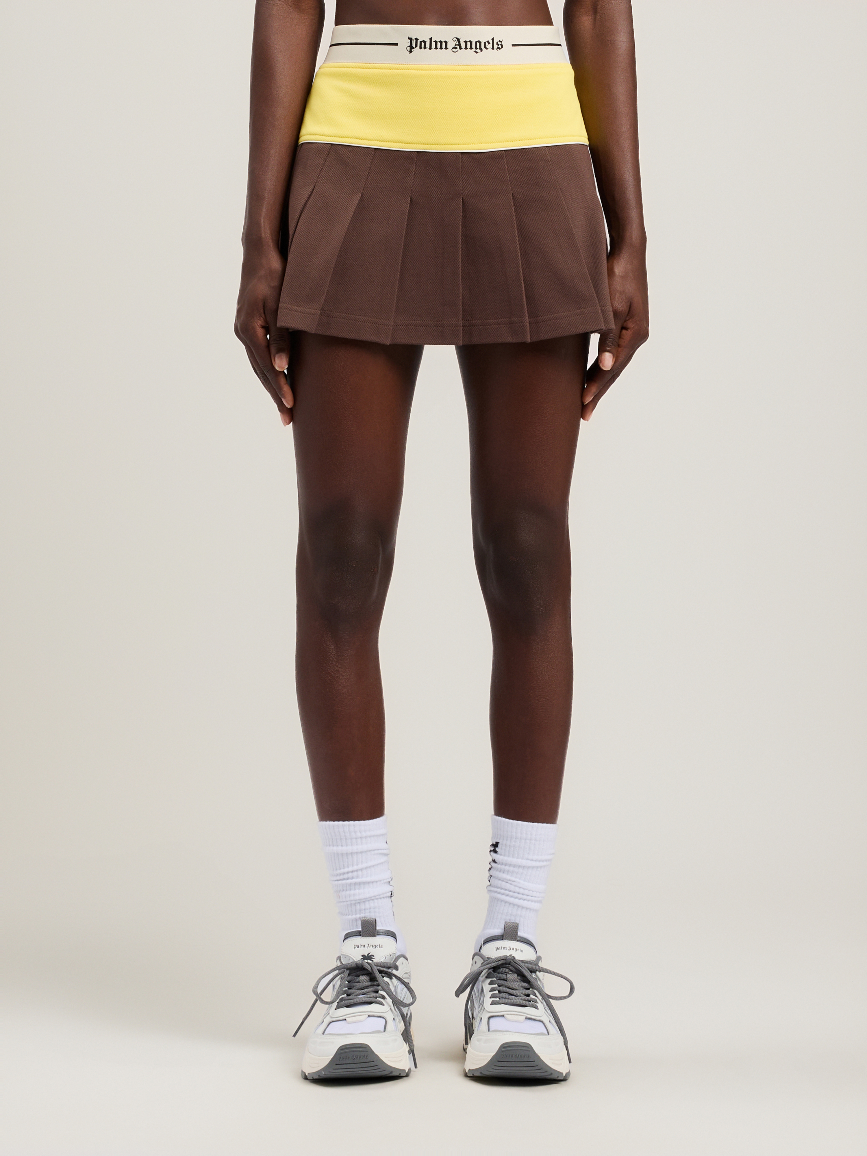 Palm Angels Logo Skirt Contrast Waistband Pleated Design In Brown