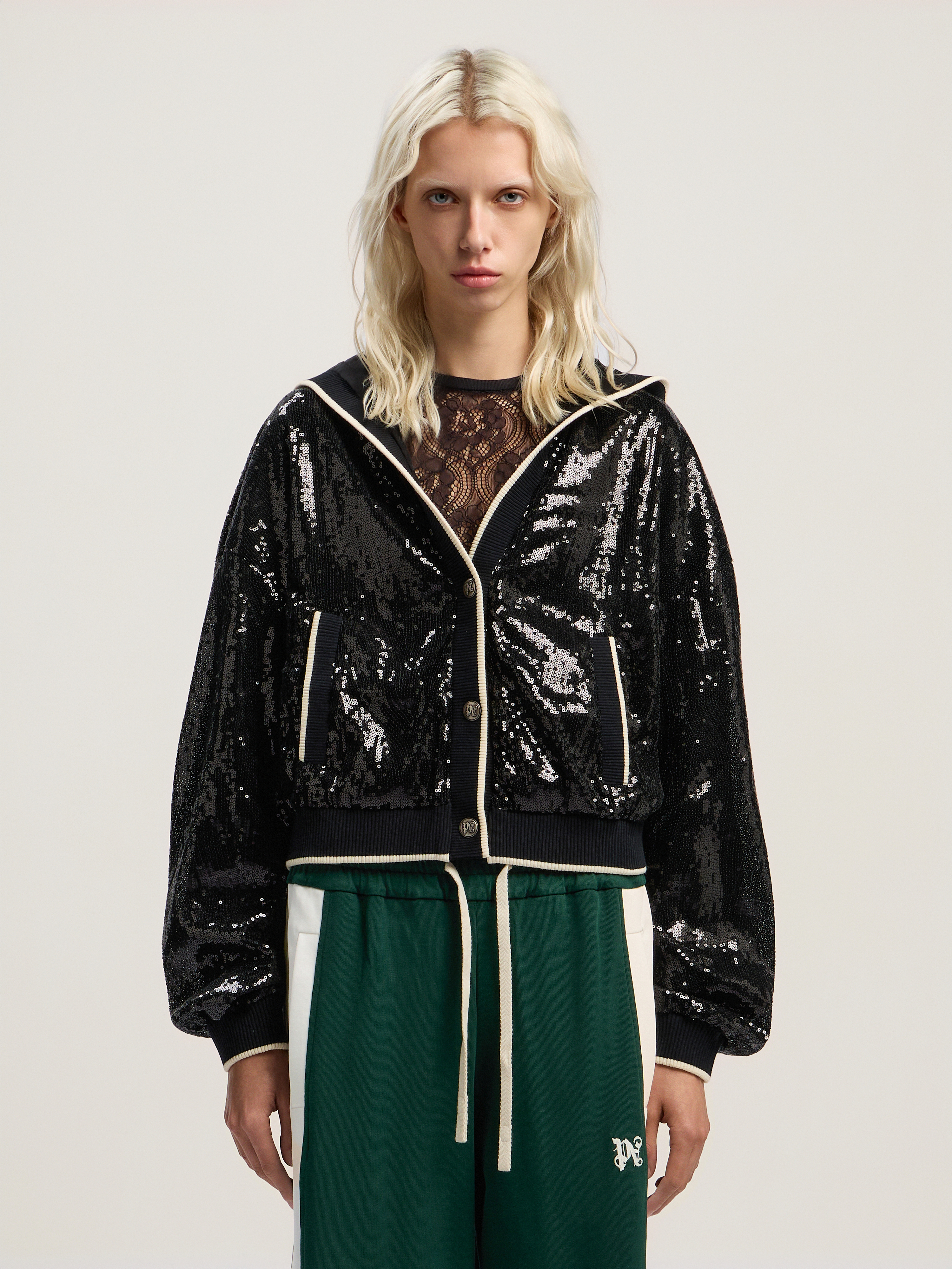 Palm Angels Curved Logo Sequin Crop Jacket In Black