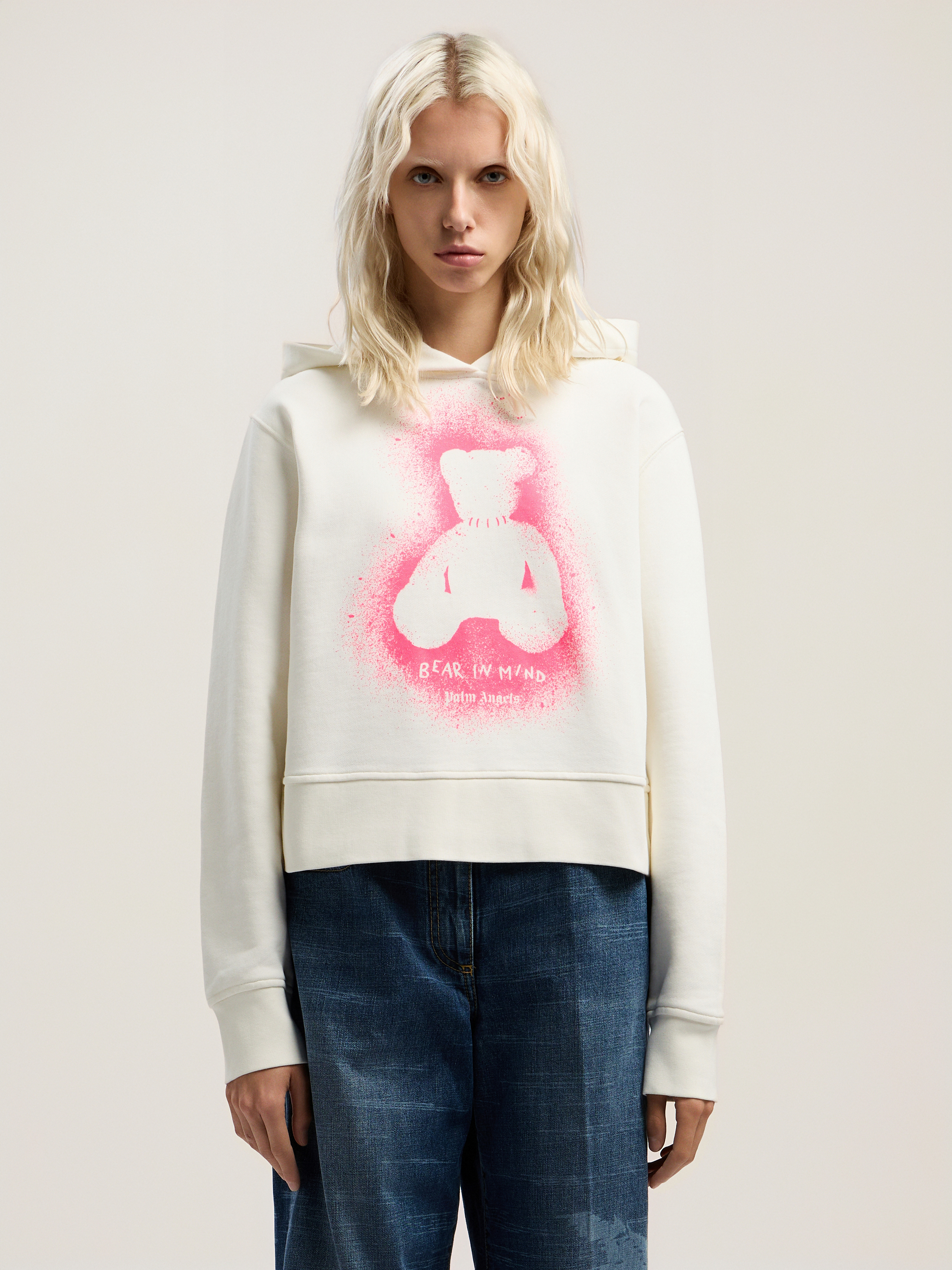 Palm Angels Spray Bear Fitted Hoody In White