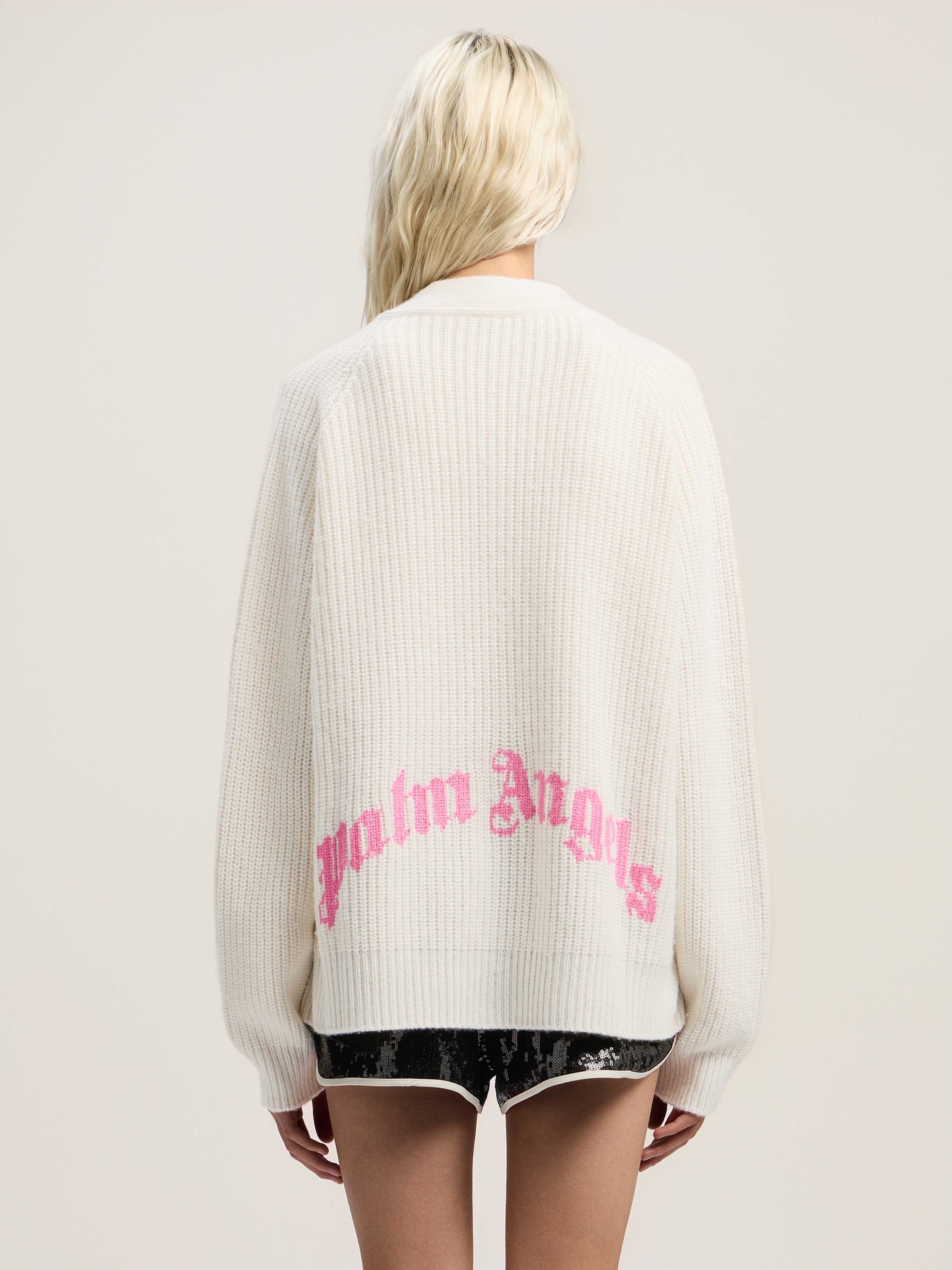 Palm Angels Curved Logo Ribbed Cardigan In White
