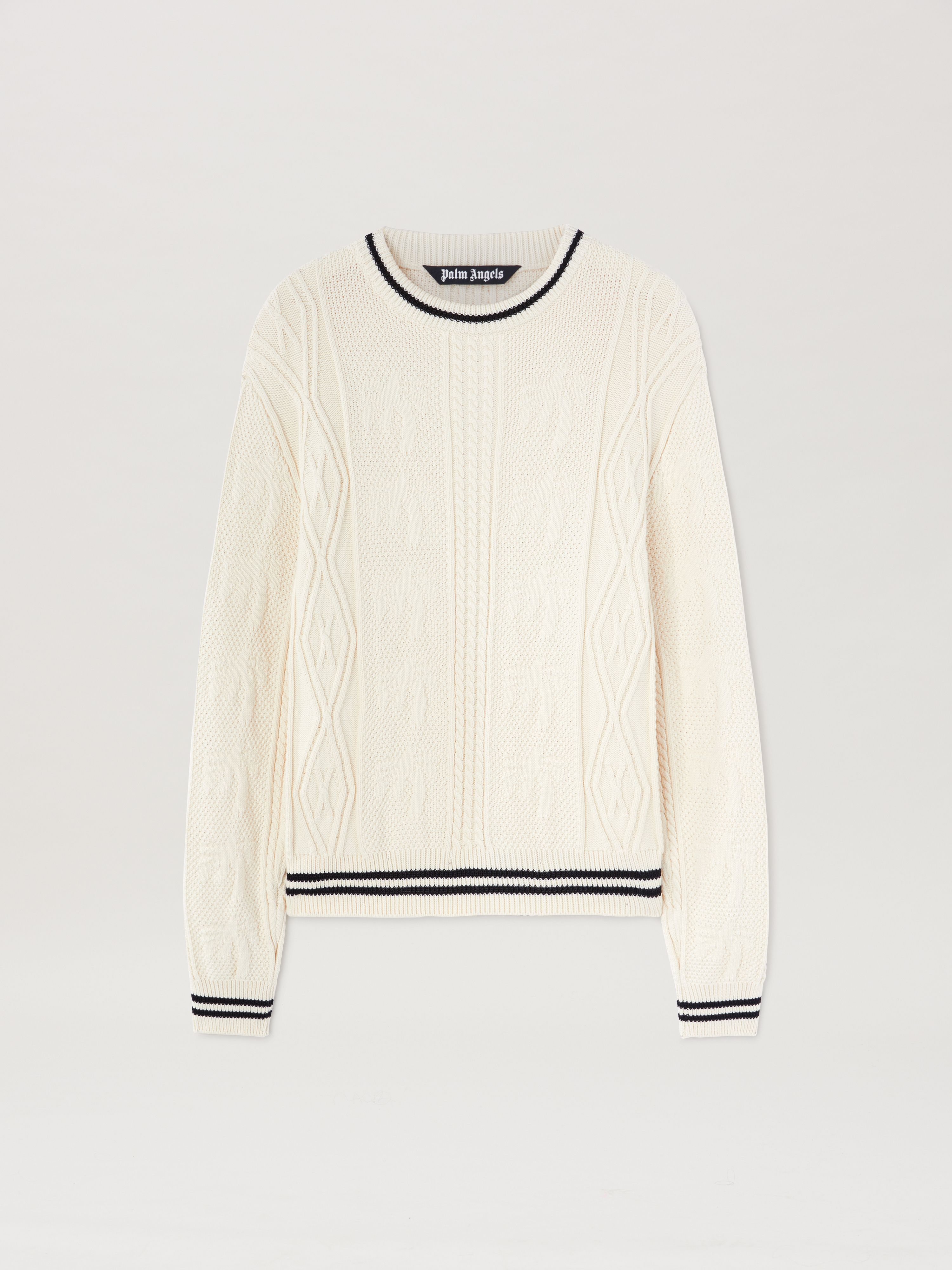 Palm Angels CURVED LOGO CABLE SWEATER OFF WHITE - BL