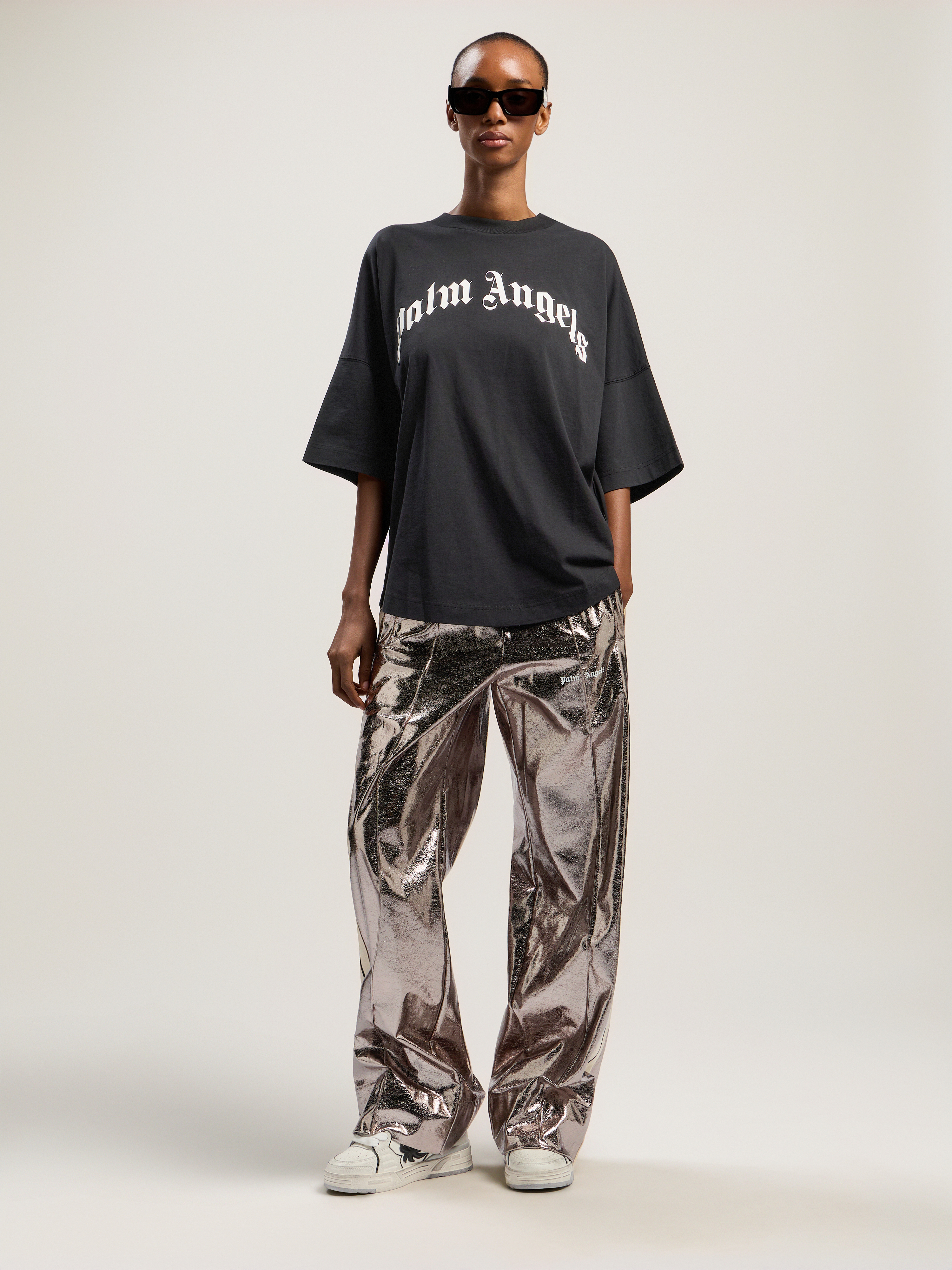 Palm Angels Curved Logo Over Tee In Black