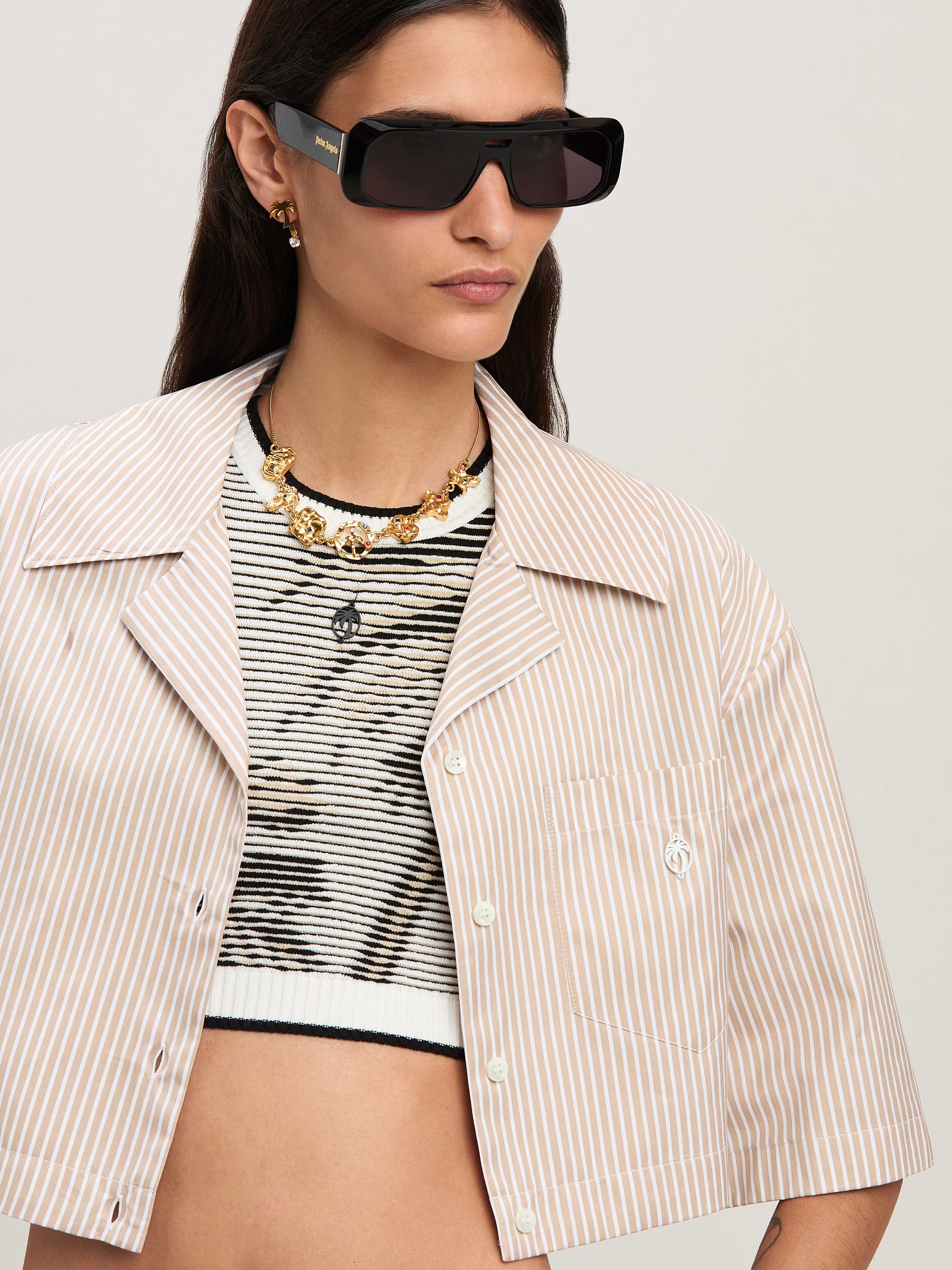 Palm Angels Crop Shirt With Beige And White Stripes With Logo